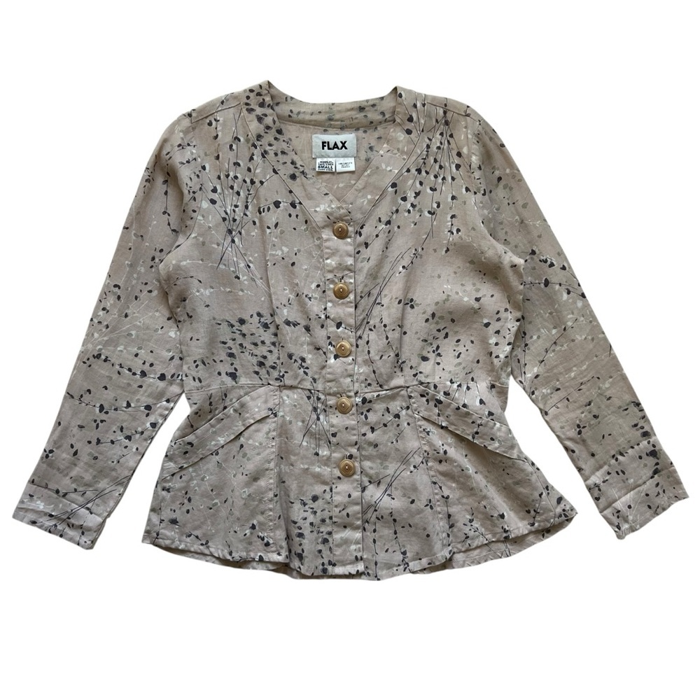 FLAX Designs 100% Linen Pink Floral Peplum Button Blouse Top Size‎ S